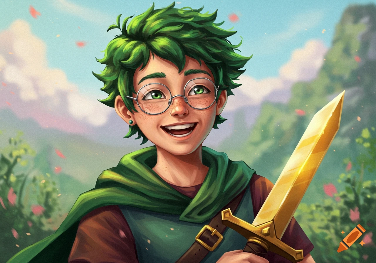 A smiling young person with green hair and glasses holds a golden sword.