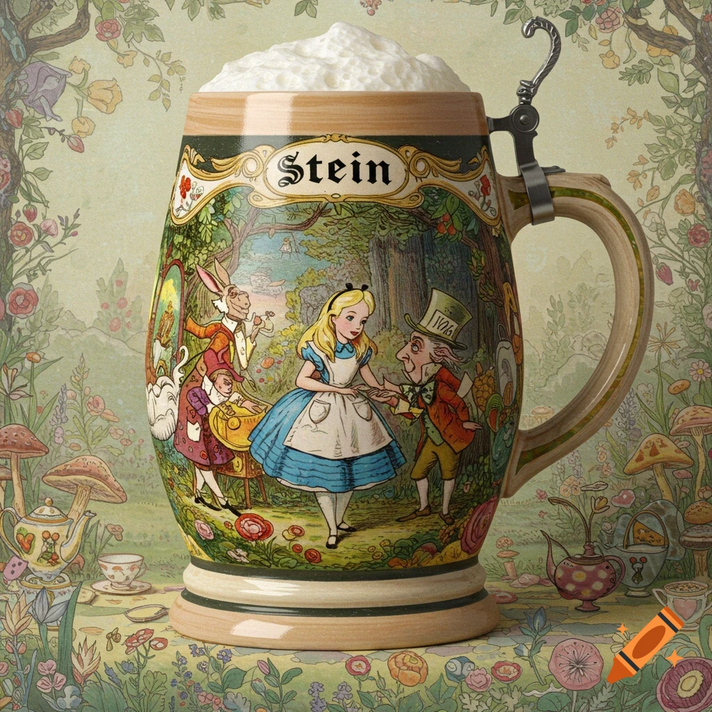 A Stein mug decorated with Alice in Wonderland characters, filled with foam, against a floral background.