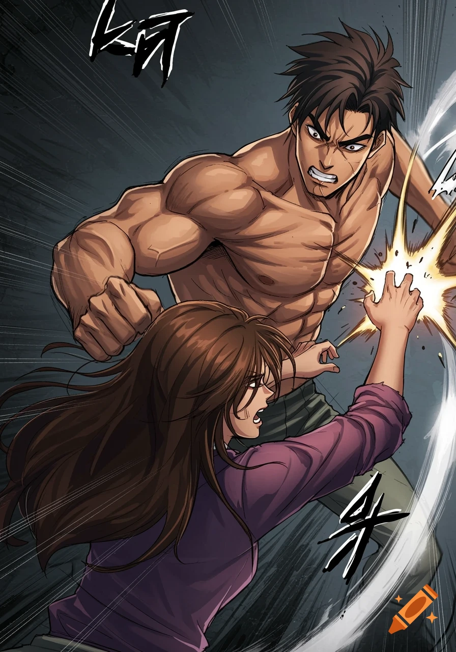 Anime-style illustration of a muscular man punching a woman.