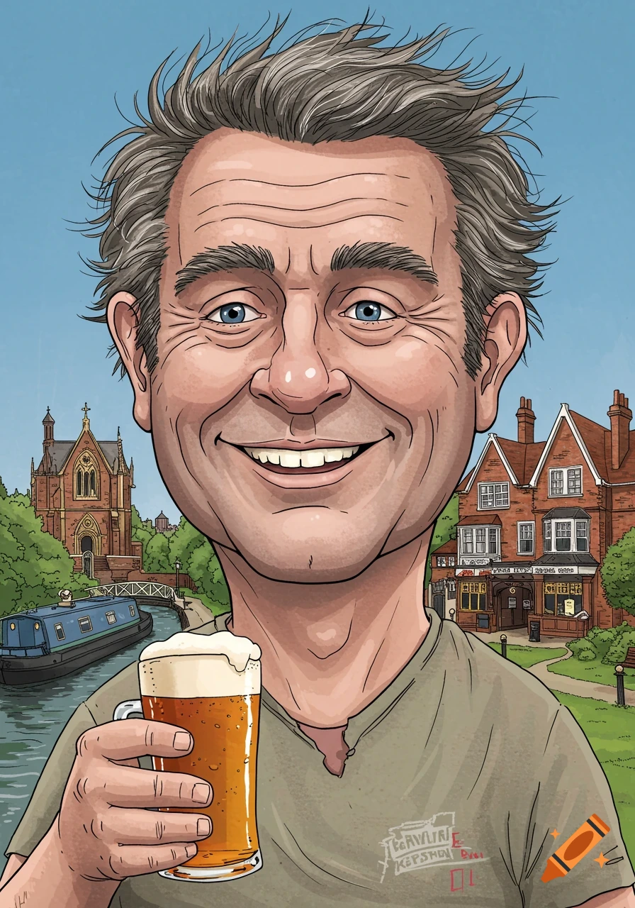 Cartoon portrait of a man holding a beer mug, with a canal, boat, pub, and church in the background.