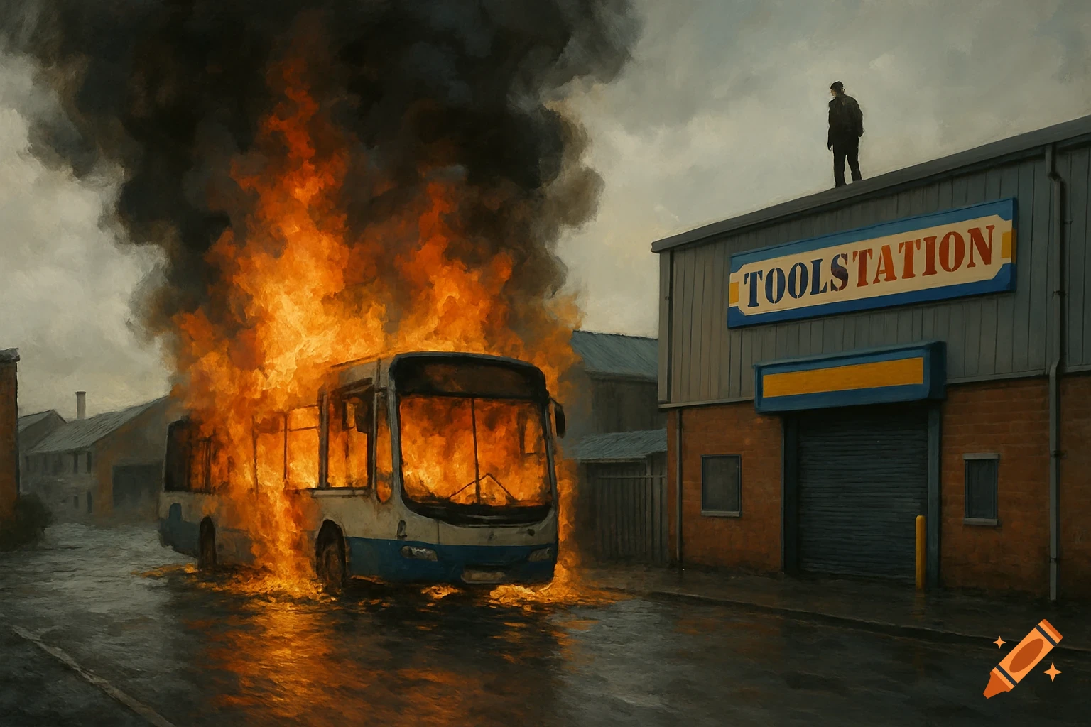 A bus is engulfed in flames on a wet street in an industrial area. A person stands on the roof of a building with a 'Toolstation' sign. Painterly style.