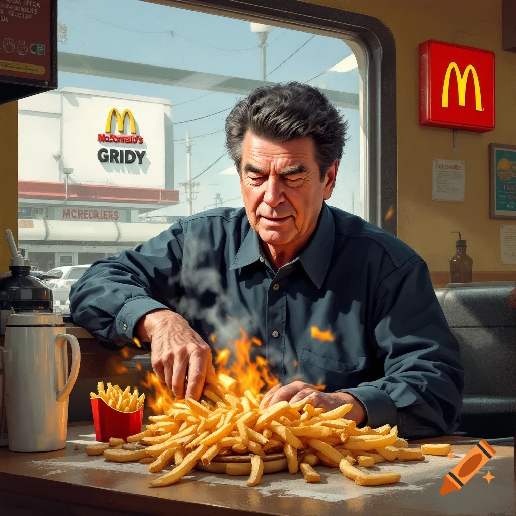 An older man looks down at a large pile of french fries on a table, which are on fire, inside a fast food restaurant.
