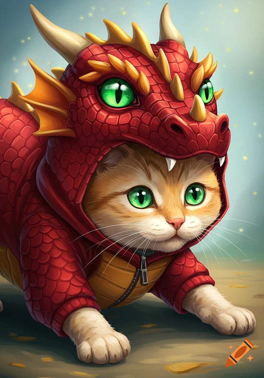 A ginger cat wears a red dragon costume with green eyes. Digital painting style.