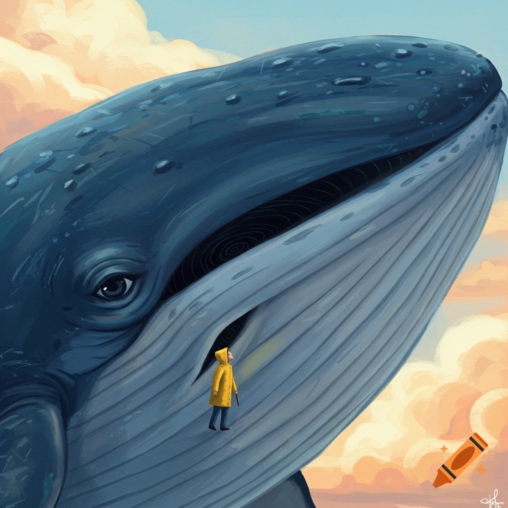 Small person in yellow coat stands on giant whale's lip, looking up. Painterly style.