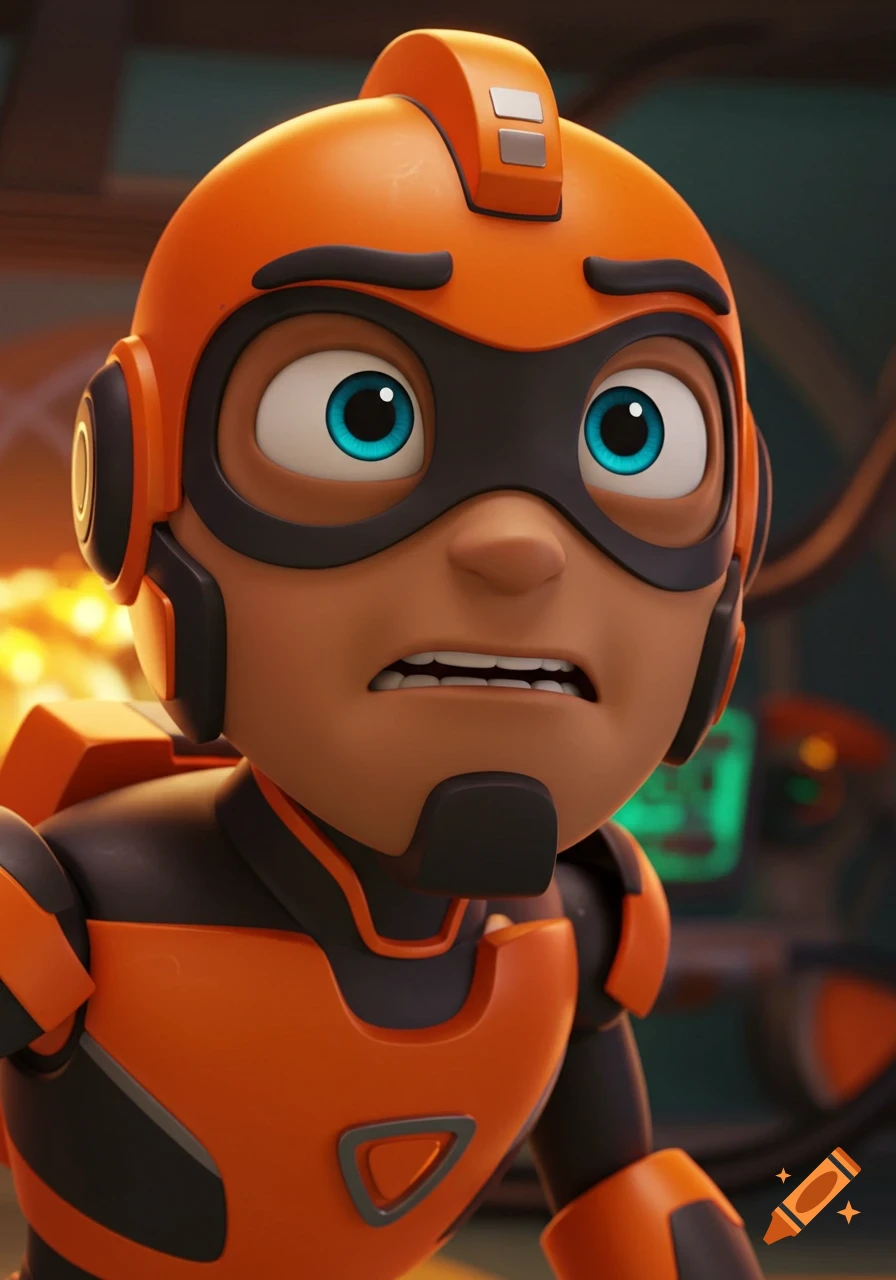 Close up of a cartoon character in an orange suit and helmet with a scared expression.