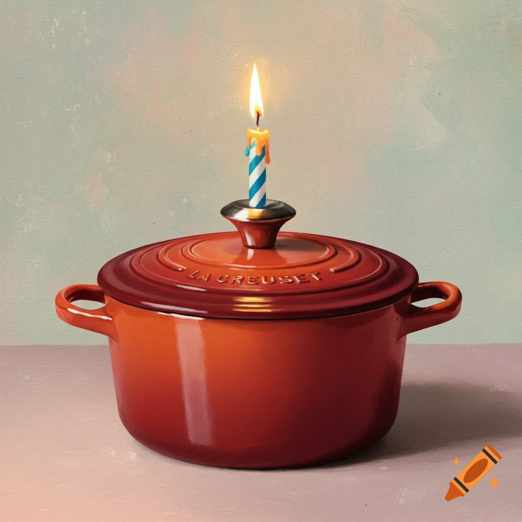 Painterly still life of a red pot with a lit birthday candle on its lid.