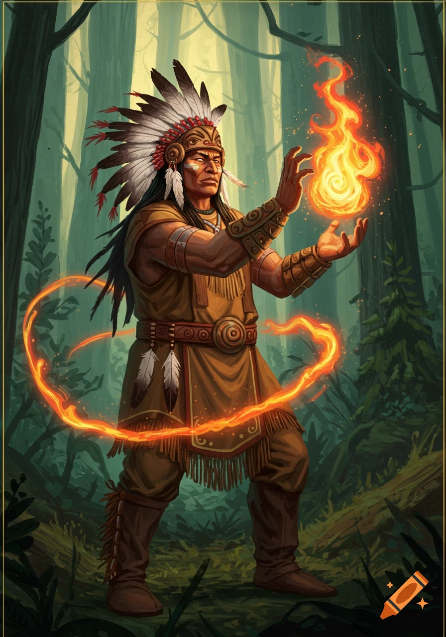 A detailed illustration of a Native American man performing fire magic in a forest.