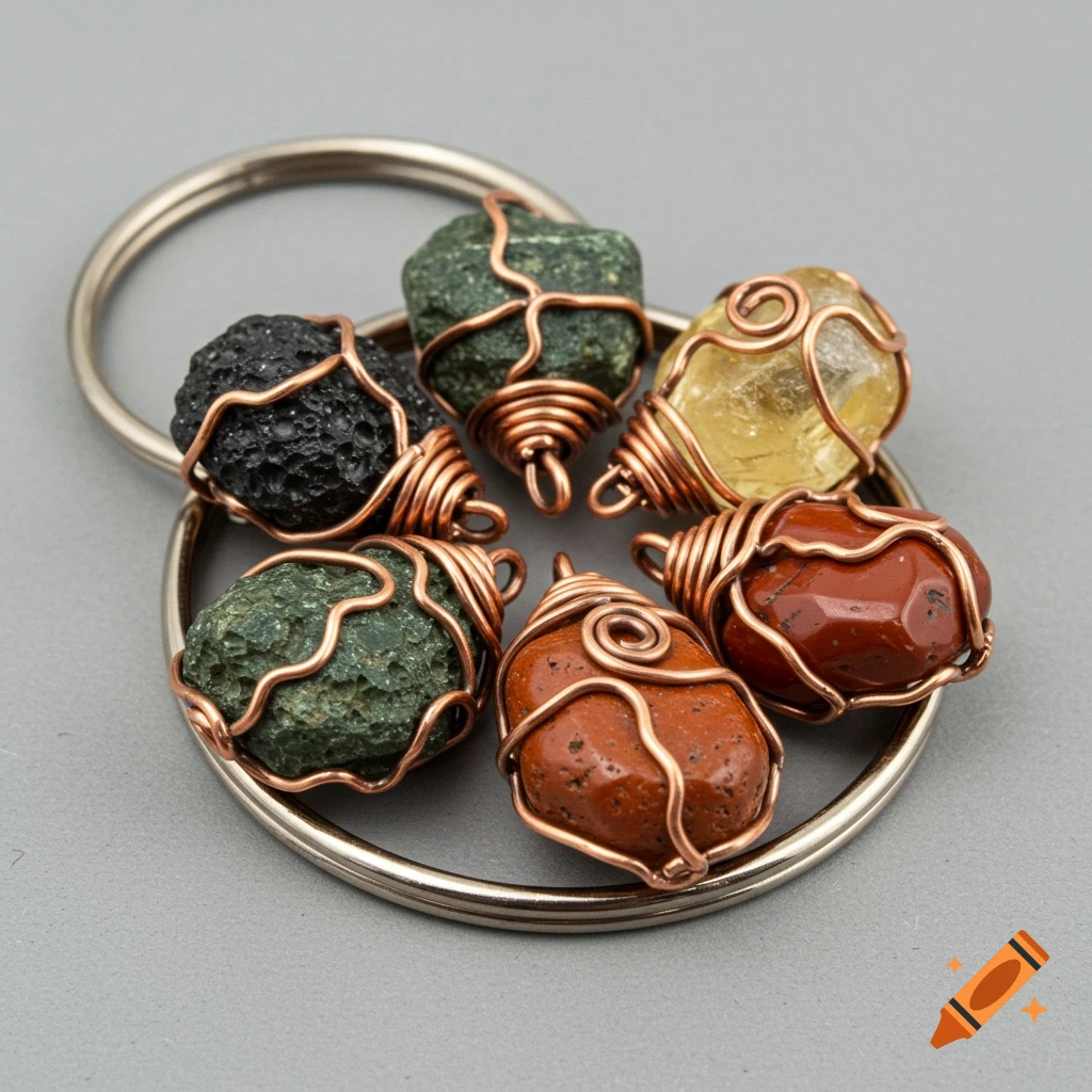 Close-up of copper-wrapped stones on a metal keychain ring