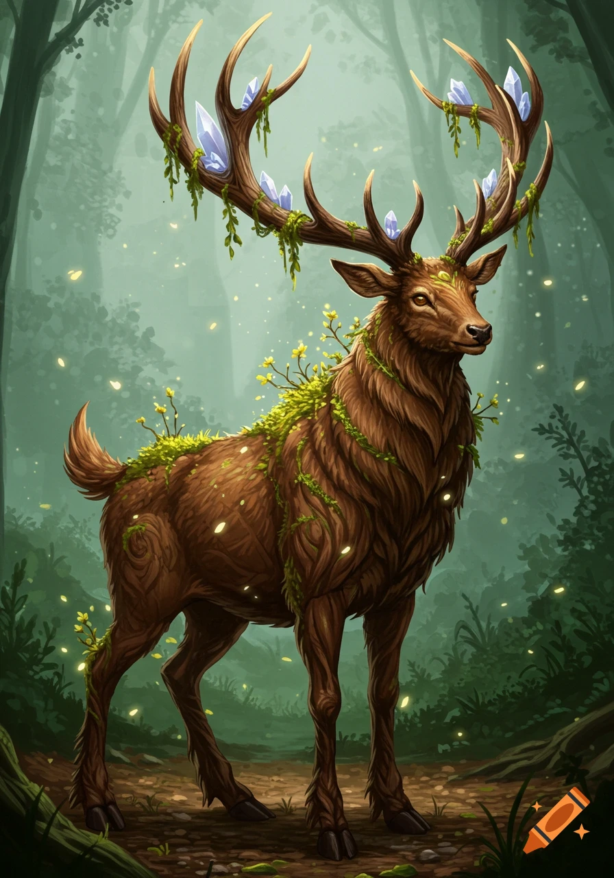 Fantasy art of a magical deer covered in moss and crystals standing in a forest.