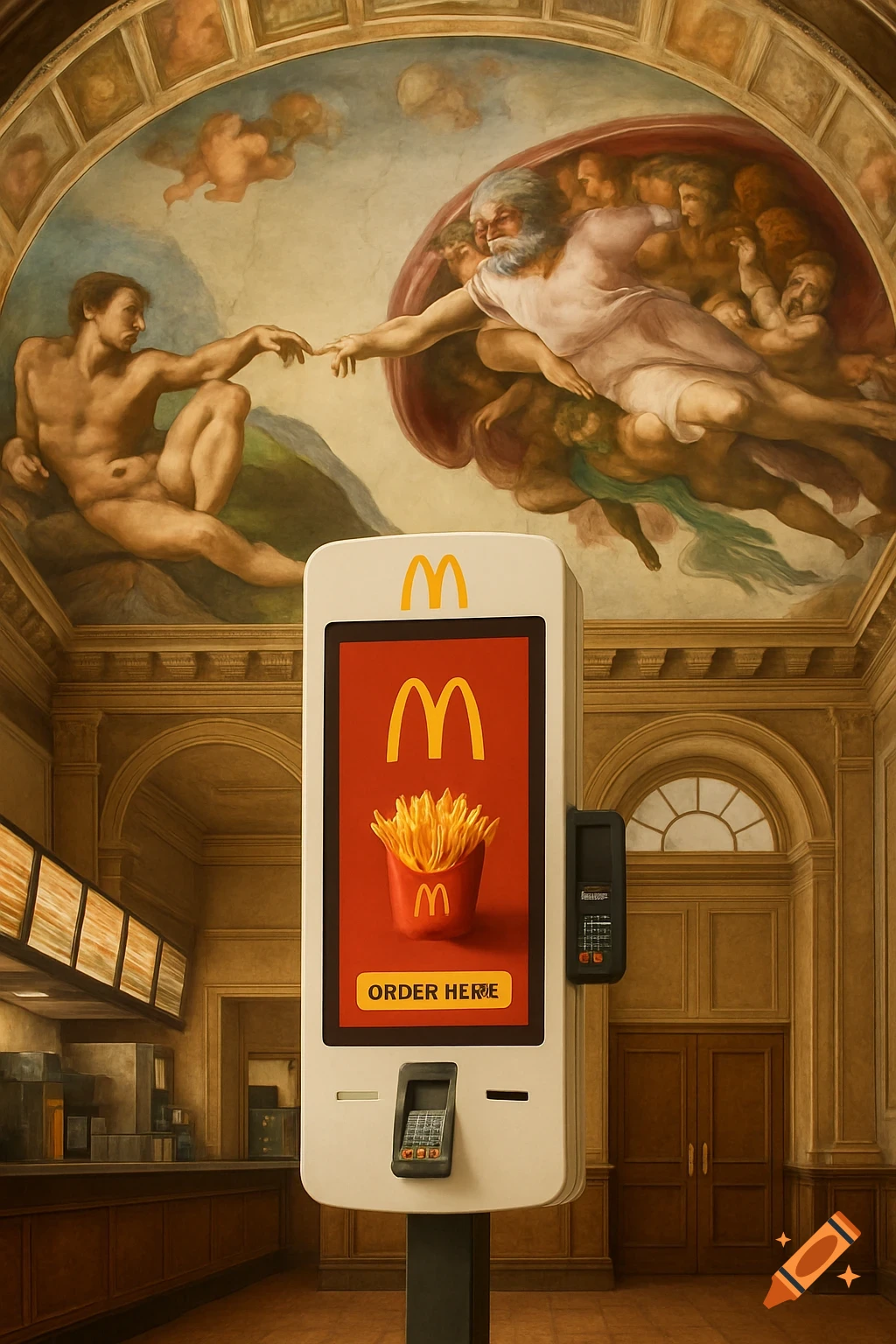 Creation of Adam fresco above a McDonald's self-order kiosk in a grand hall.