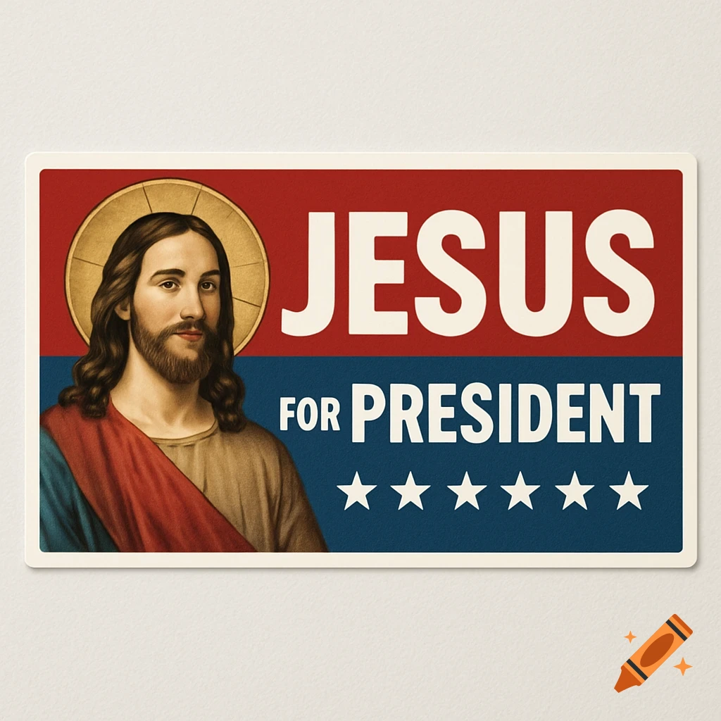 Jesus on a red, white, and blue 'Jesus For President' political bumper sticker with stars.