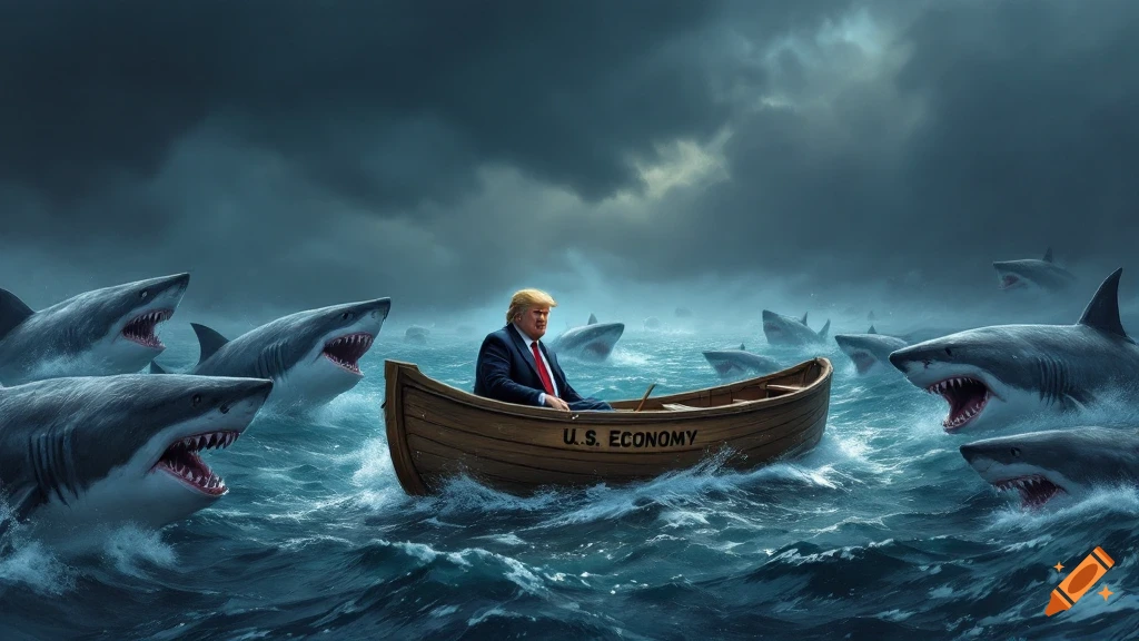 Donald Trump in a boat labeled U.S. Economy surrounded by sharks in a stormy sea.