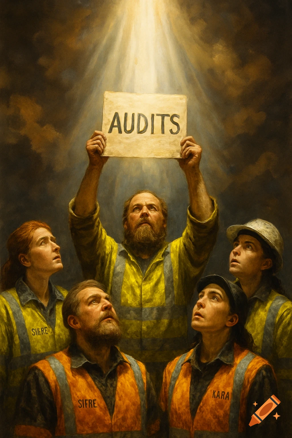 A group of people in high-vis vests looking up at a sign held aloft that says "AUDITS", illuminated by a divine light.
