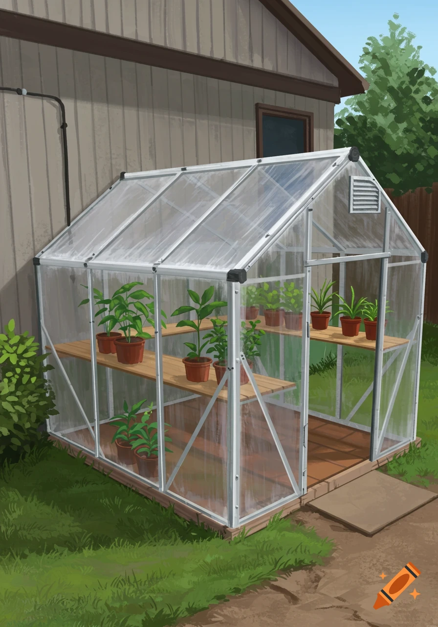 An illustrated small greenhouse with plants inside next to a building.