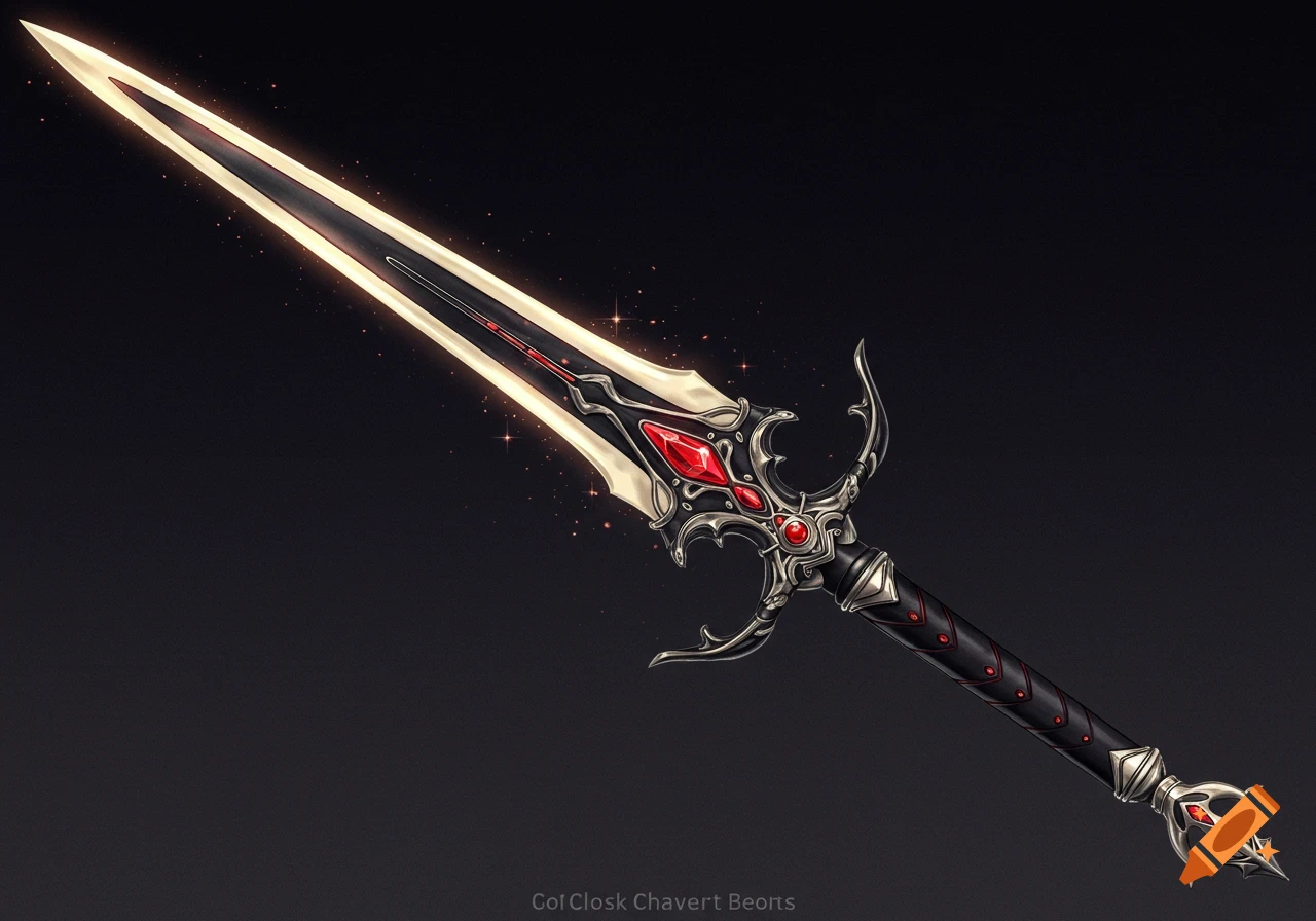 Fantasy sword with black handle, silver details, red gems, and a glowing golden blade.
