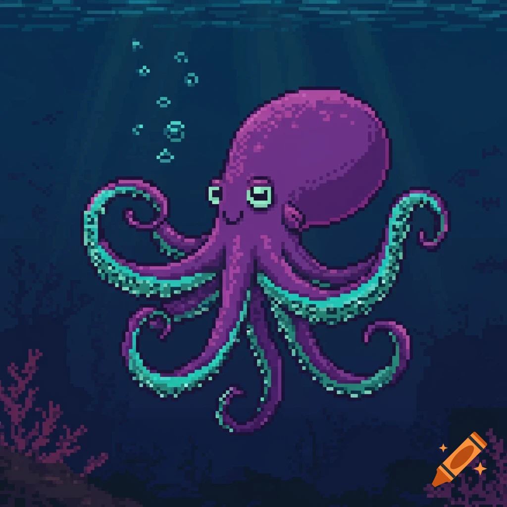 A happy purple pixel art octopus floats underwater with bubbles and coral.