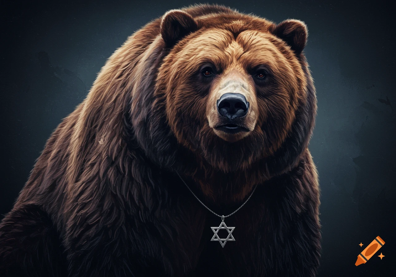 Close-up of a brown bear wearing a Star of David necklace.