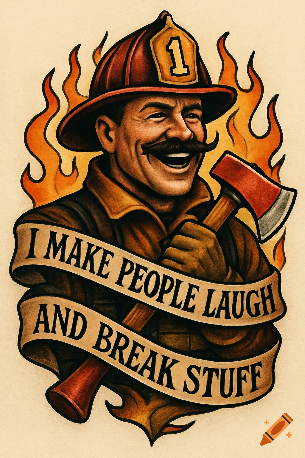 Smiling firefighter in tattoo style holding an axe, with fire background and a banner reading "I MAKE PEOPLE LAUGH AND BREAK STUFF".