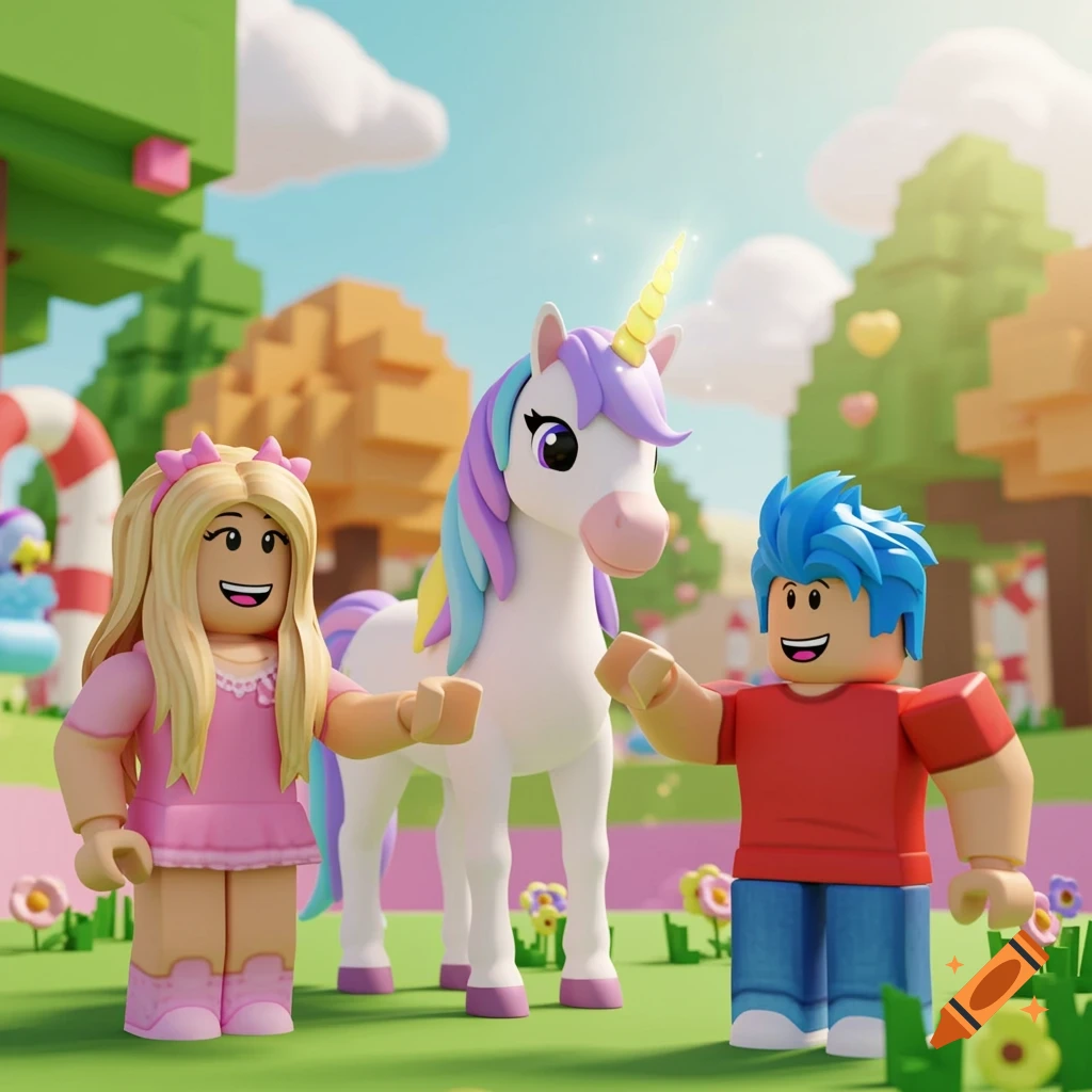 Roblox style girl and boy stand with a unicorn in a colorful blocky landscape.