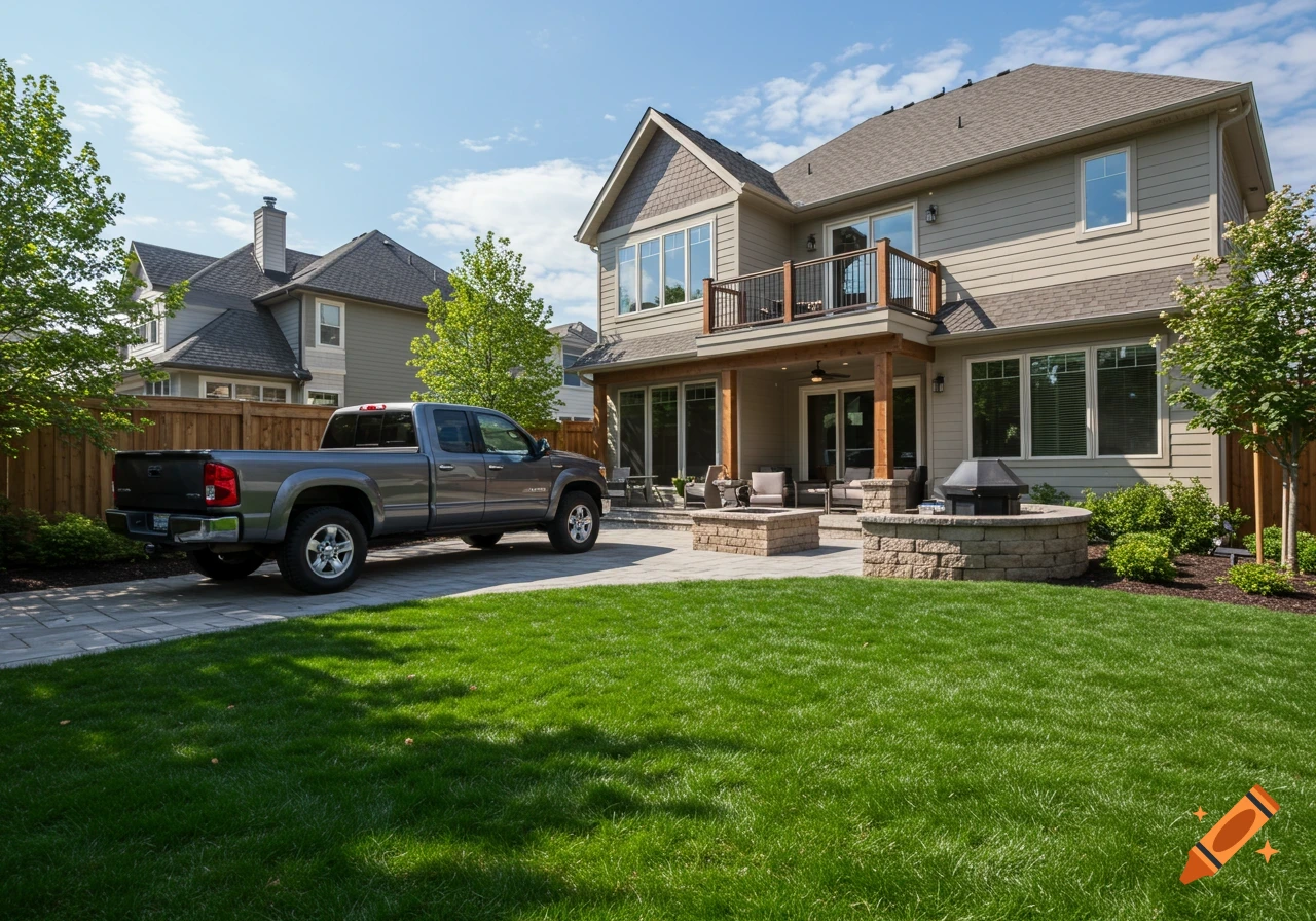 A suburban house backyard with a patio, stone fire pit, lawn, and a gray pickup truck on the driveway.