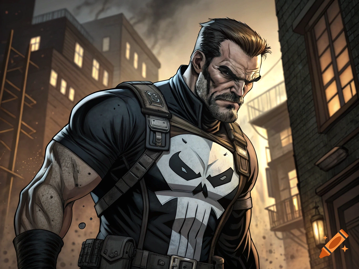 Comic book portrait of a character resembling The Punisher in a city.
