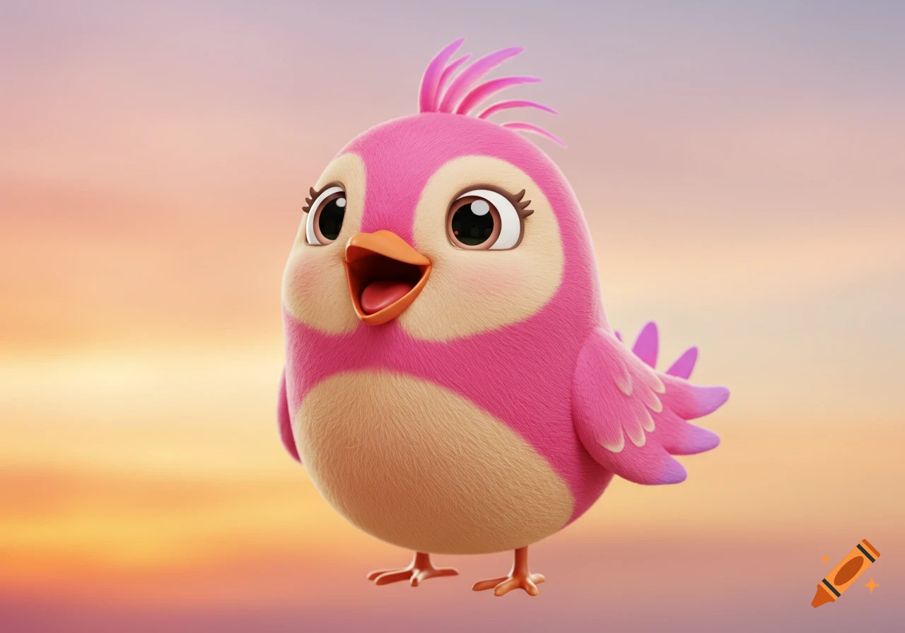 A cute pink and beige cartoon bird with big eyes and an open beak stands against a blurry sky.