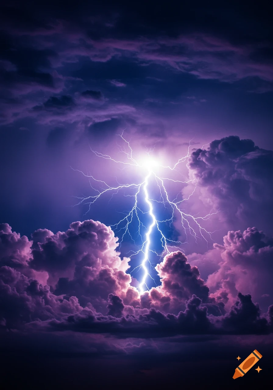 Lightning strike in a dark purple storm sky with dramatic clouds.