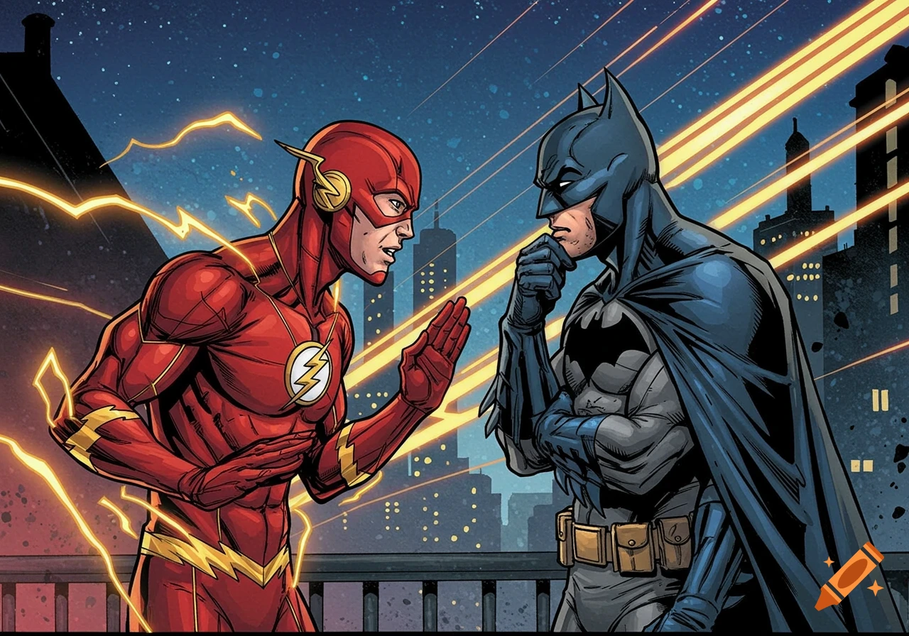 The Flash and Batman talk on a rooftop at night, comic art style.