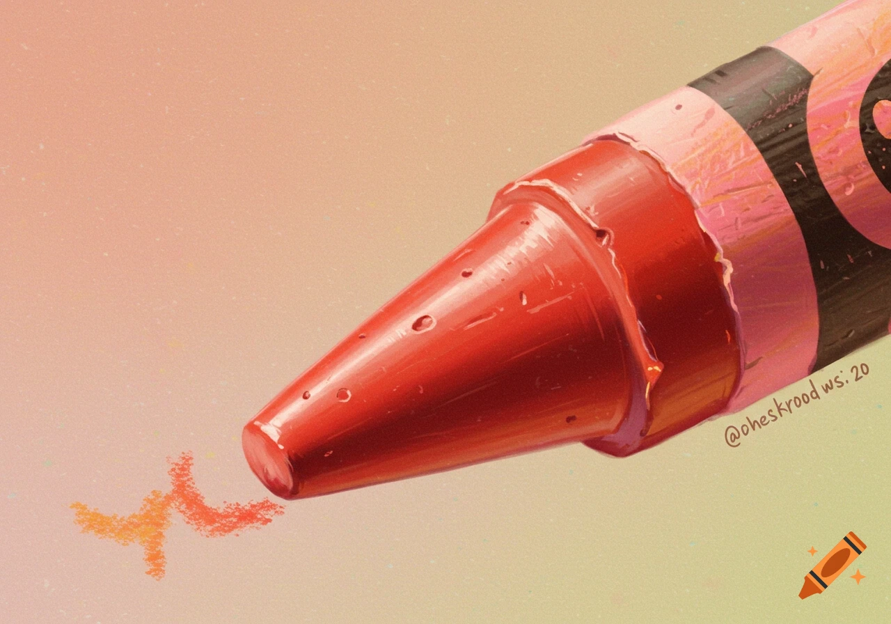 Close-up of a red crayon drawing an orange scribble on textured paper.
