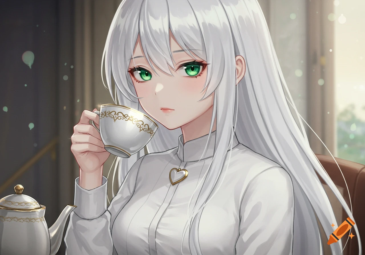 Anime girl with white hair, green eyes, and a heart pendant drinks tea.