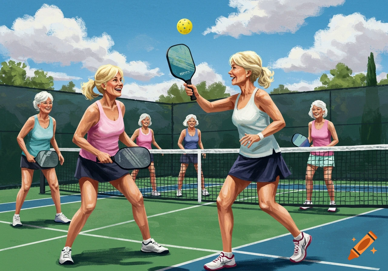 Women playing pickleball on an outdoor court, painted style.
