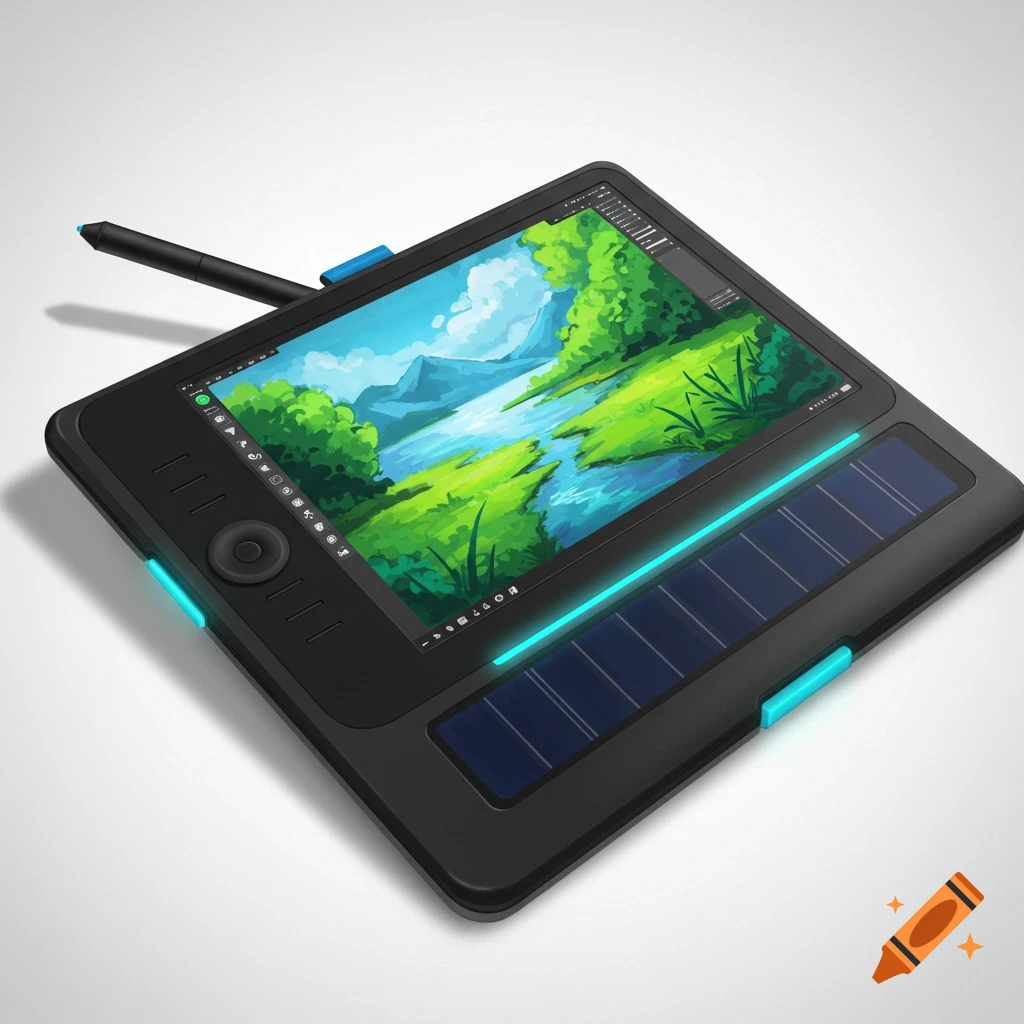 A black drawing tablet with a landscape drawing on the screen and solar panels.