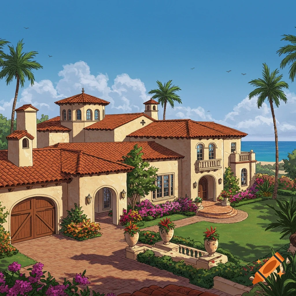 Illustrative rendering of a large Mediterranean-style house with palm trees and a garden by the ocean.