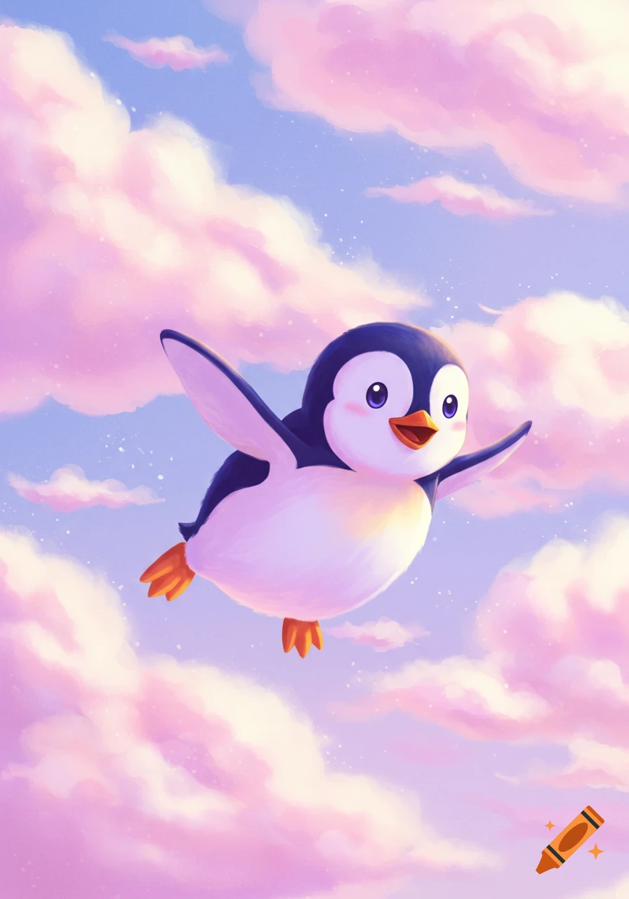 A cute cartoon penguin flies happily through a pink and purple sky filled with fluffy clouds. Digital illustration.