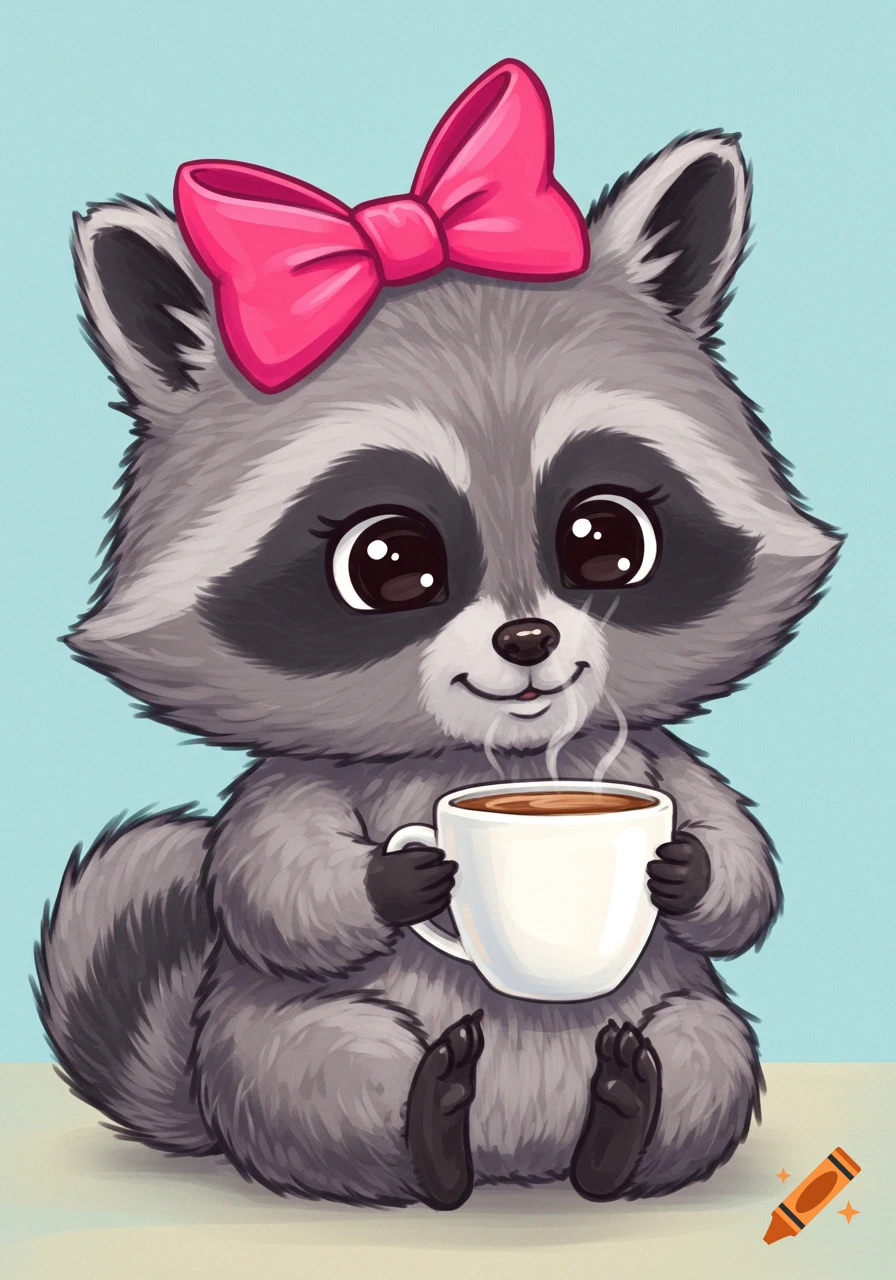 Cartoon raccoon holding a coffee cup and wearing a pink bow.