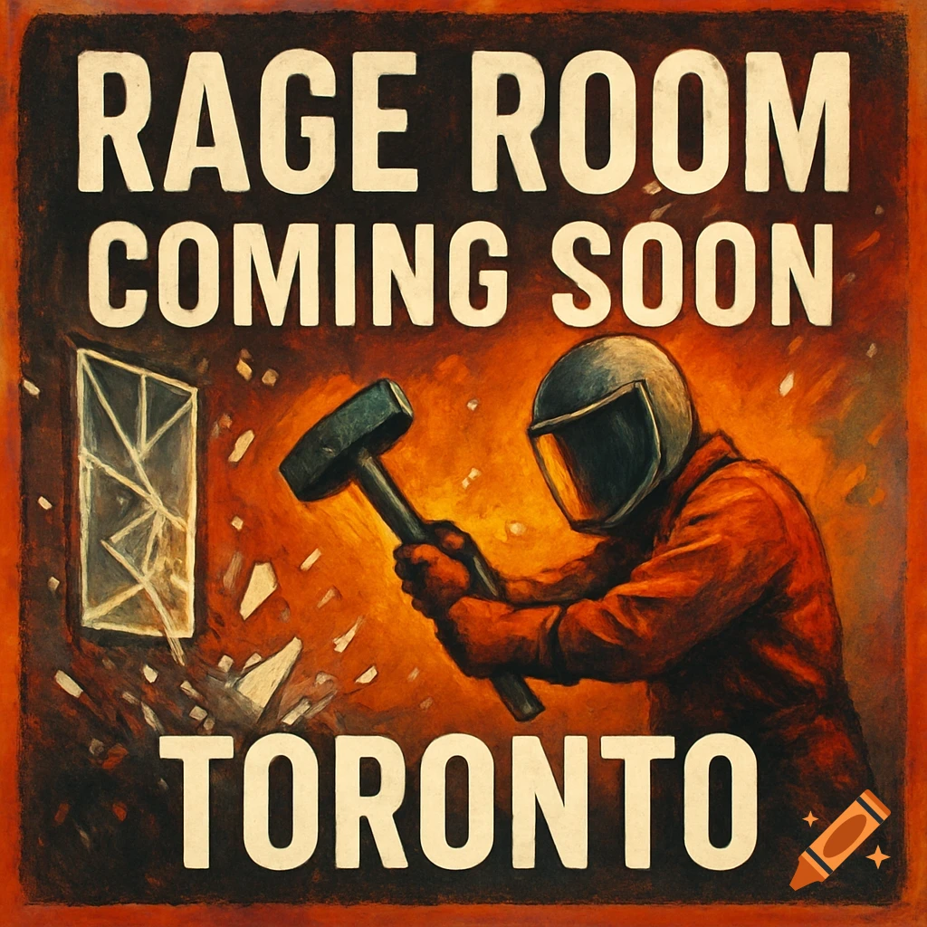 Poster for a rage room in Toronto, showing a person in protective gear breaking a window with a hammer.