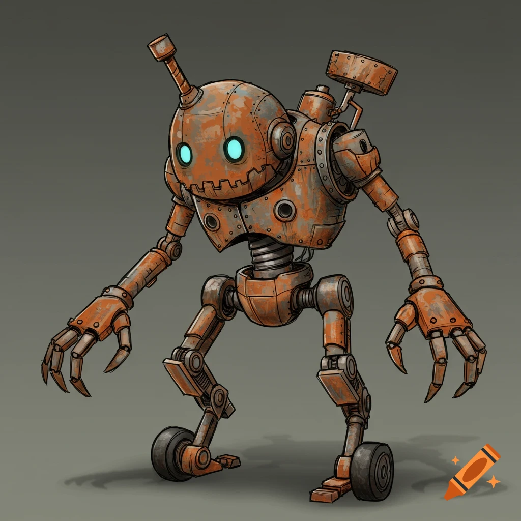 A rusty, cartoonish robot with glowing eyes, clawed hands, and wheels.