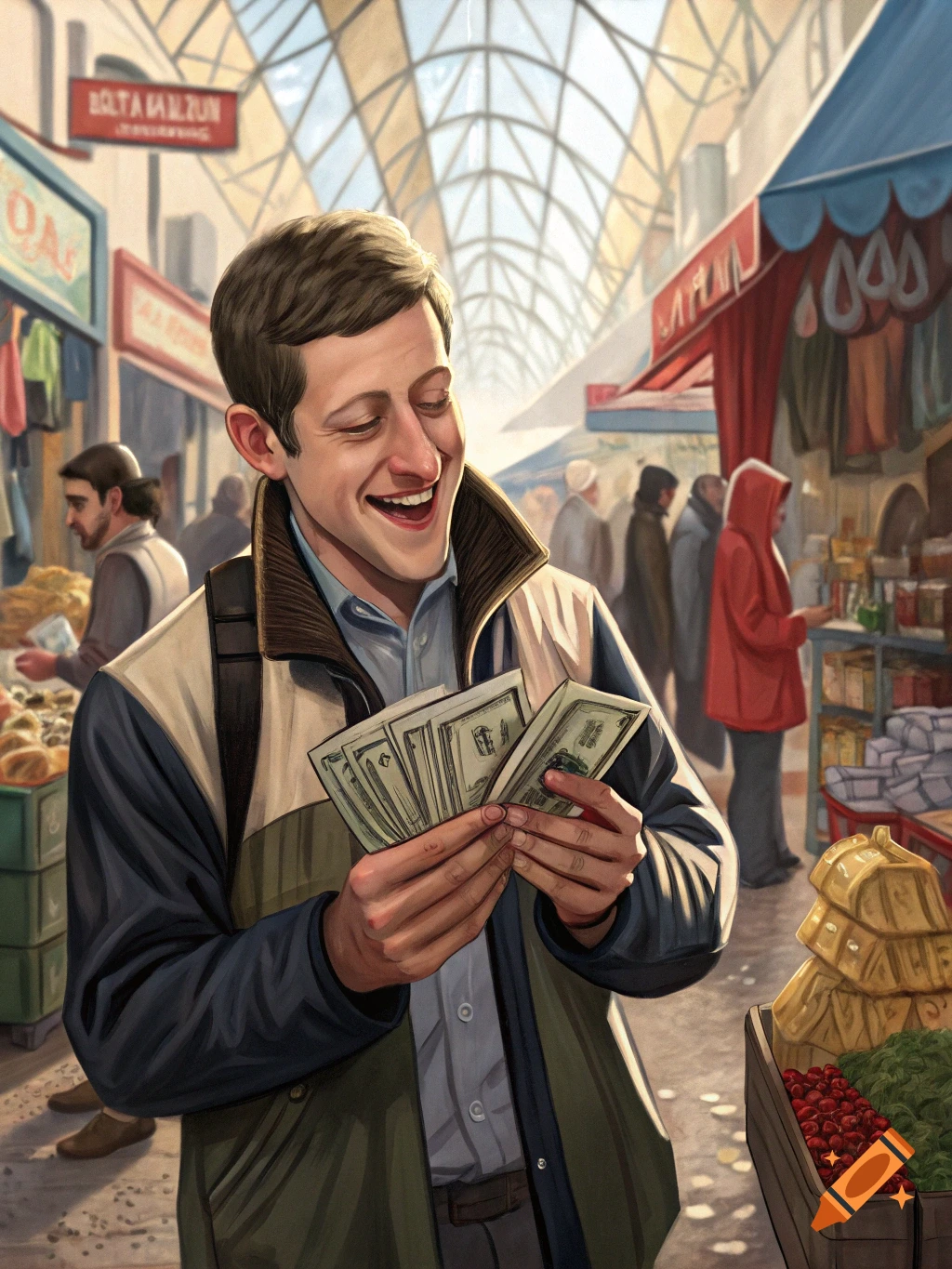 Illustration of a man happily counting money in a busy marketplace.