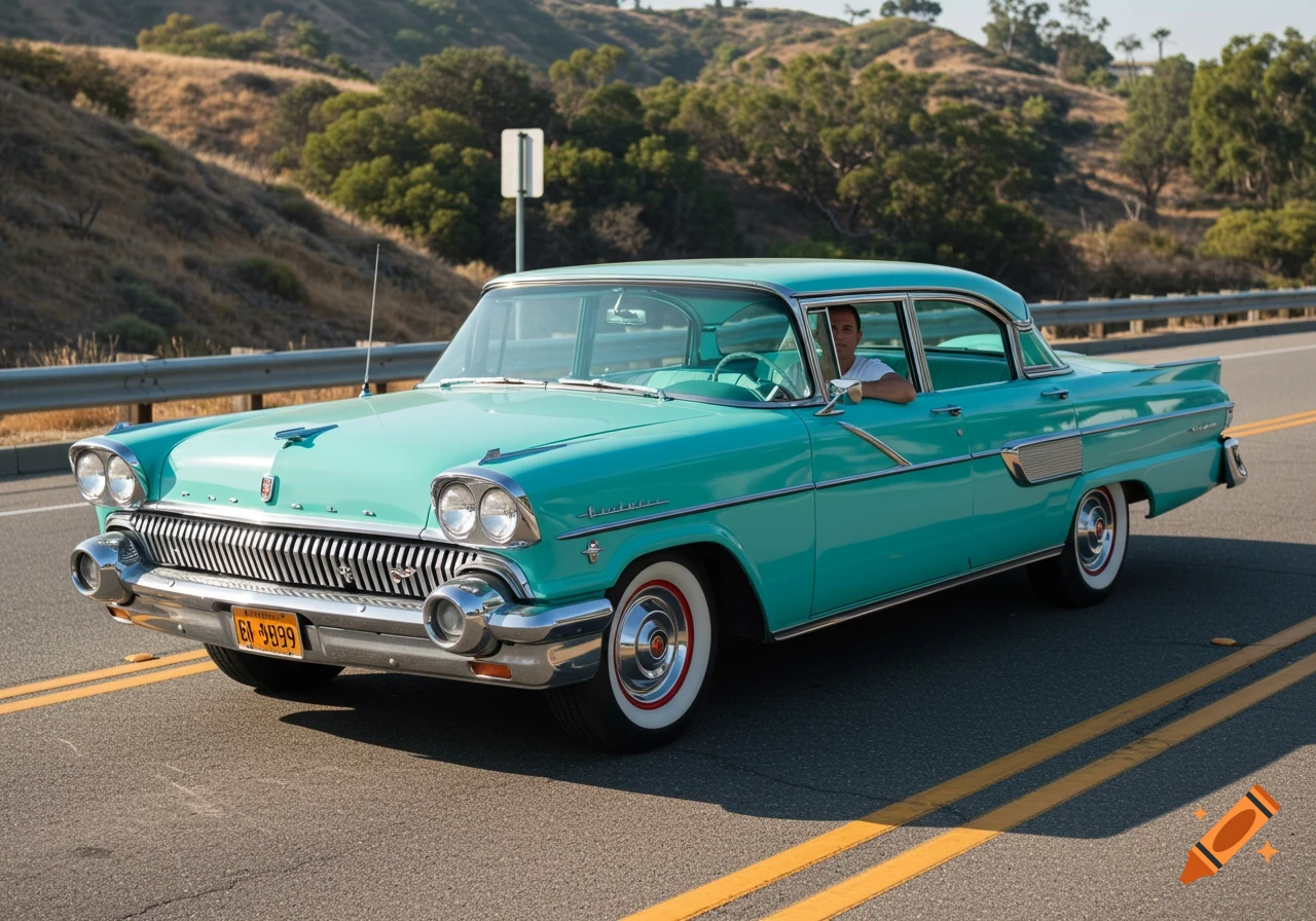 A turquoise 1957 Mercury sedan with a driver on a road