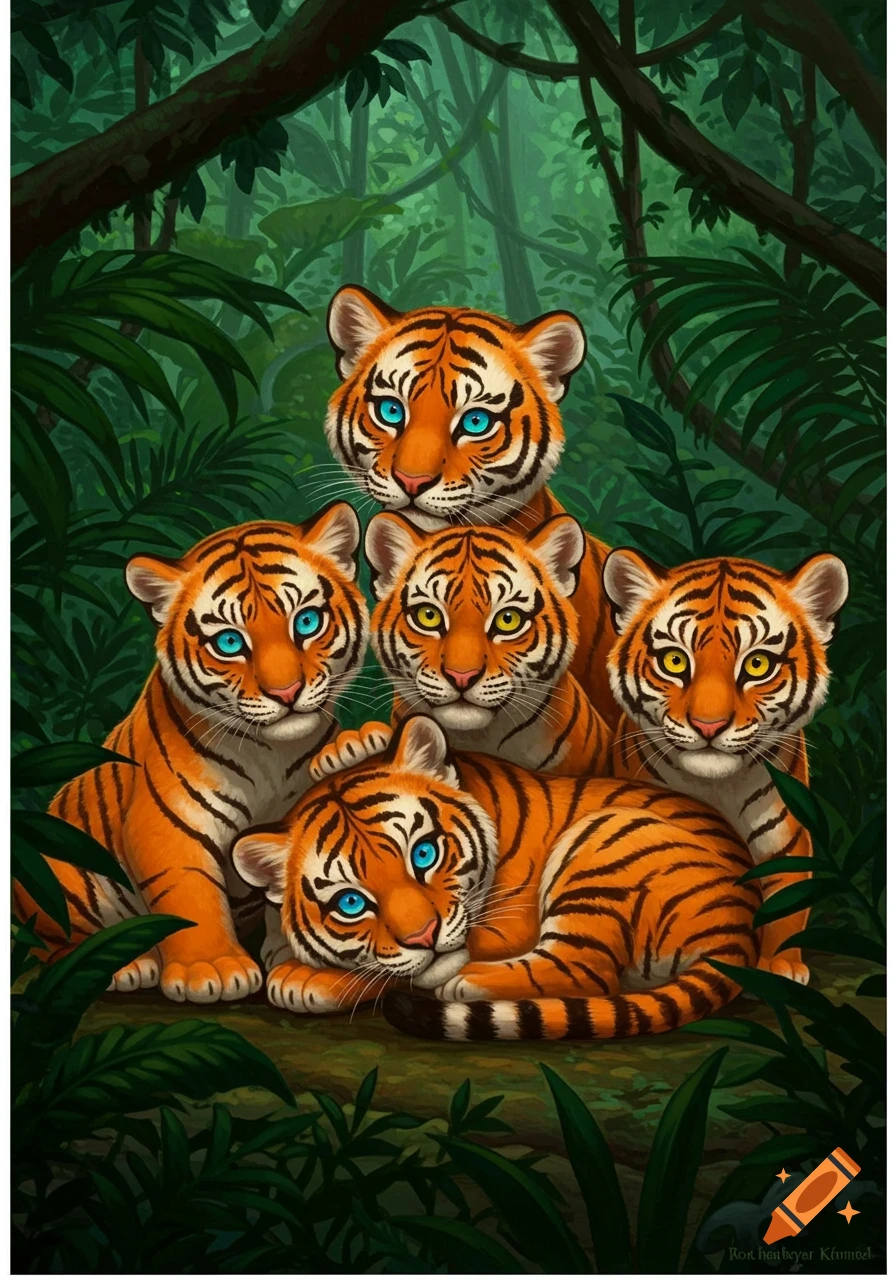Illustration of five tiger cubs, most with blue eyes, one with yellow eyes, sitting in a lush jungle.