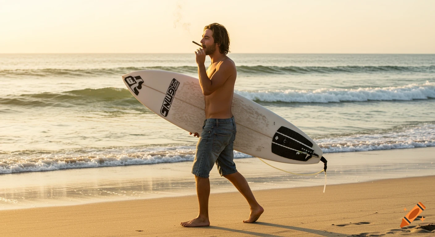 Photorealistic image of a man walking on a beach at sunset, carrying a surfboard and smoking.
