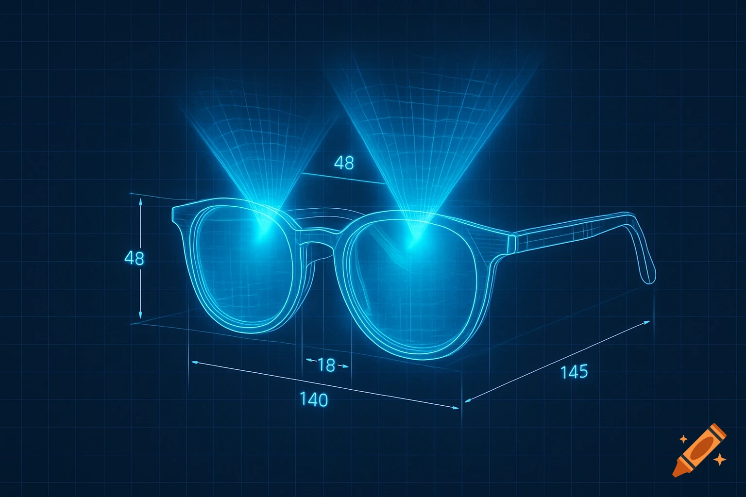 Blueprint of glasses with measurements and blue holograms.