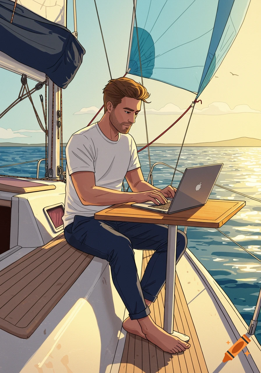 Illustration of a man on a sailboat working on a laptop.