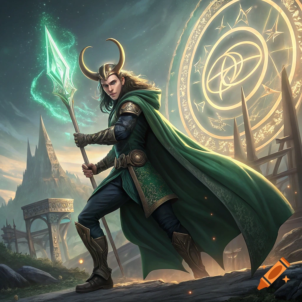 Loki in green cape and horned helmet holds a glowing spear in a fantasy landscape.