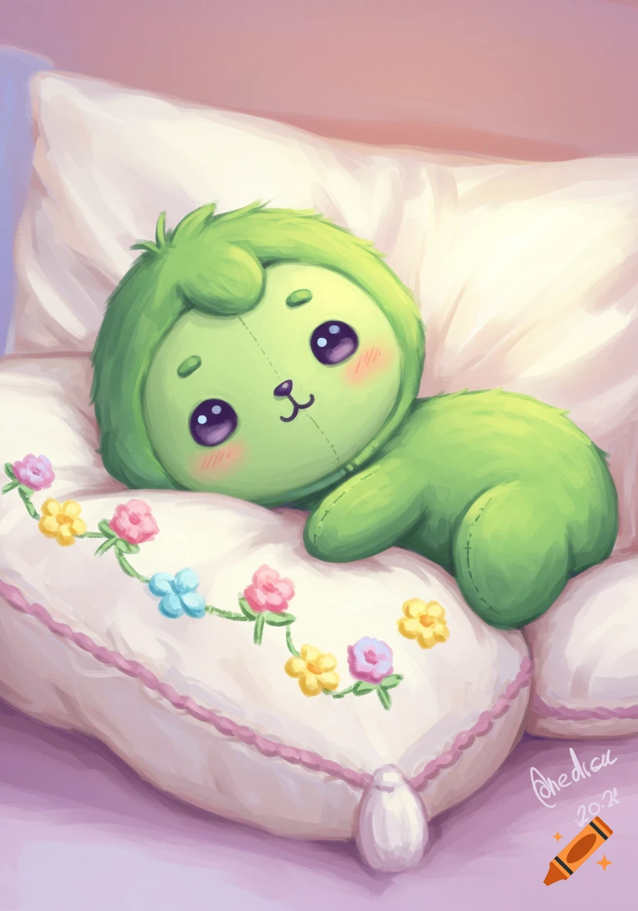 Cute green plush toy with purple eyes lies on a pillow with flowers