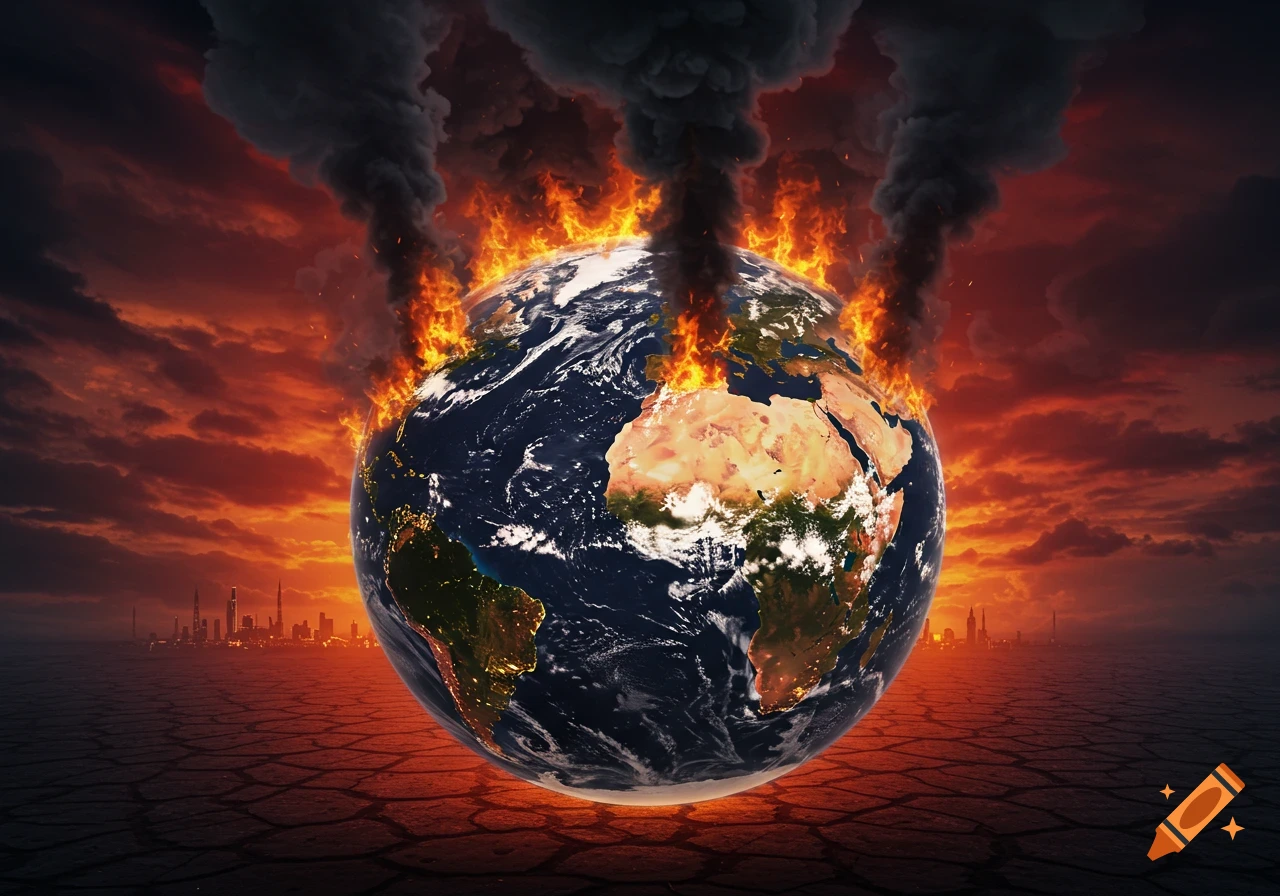Planet Earth burns, engulfed in flames and smoke, against a fiery red sky over cracked, dry ground with a distant city skyline.