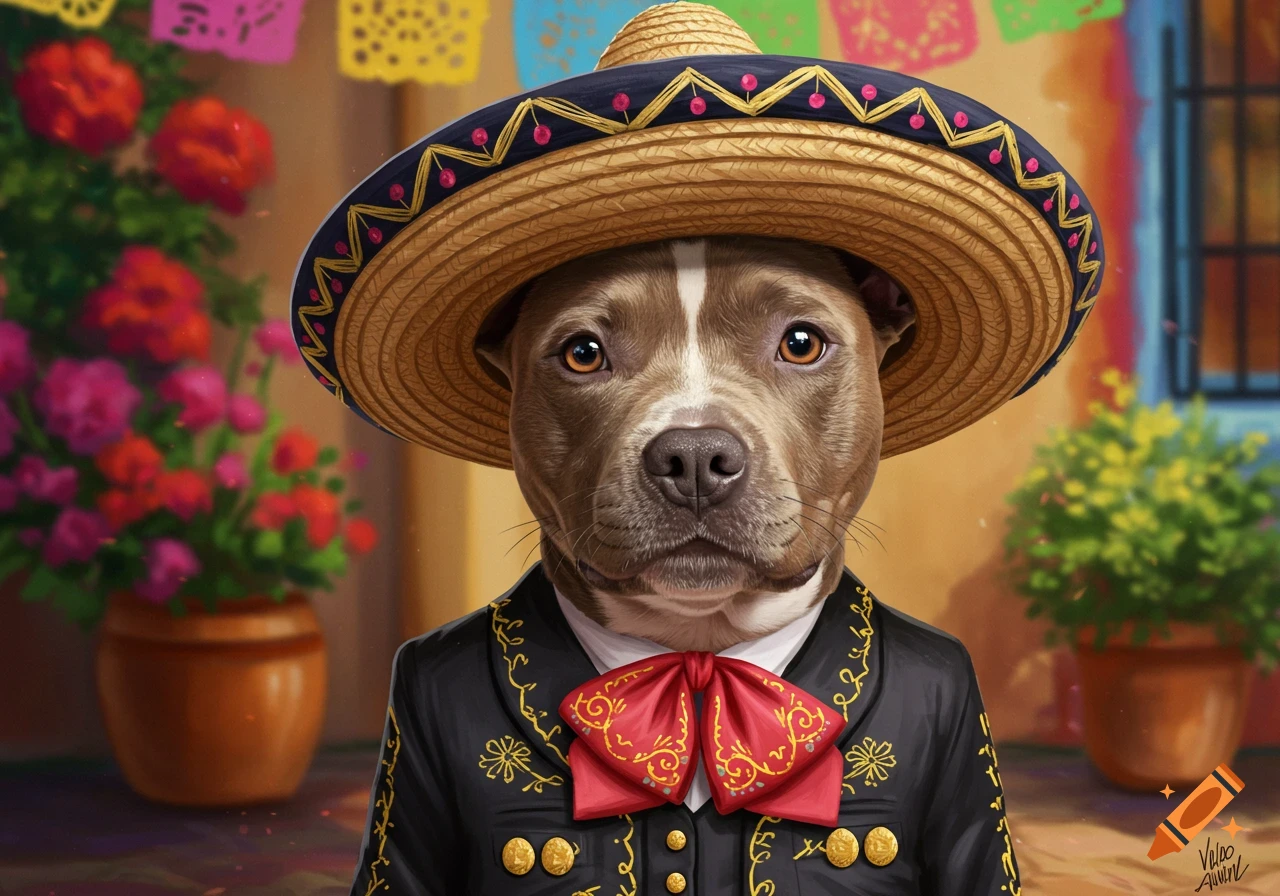 A pitbull dog wearing a mariachi outfit and sombrero.