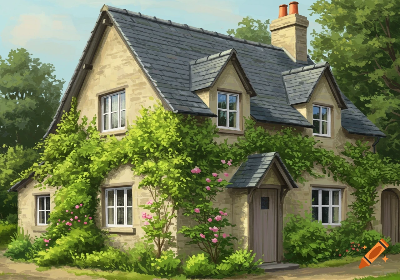 An illustrated cottage house covered in green vines.