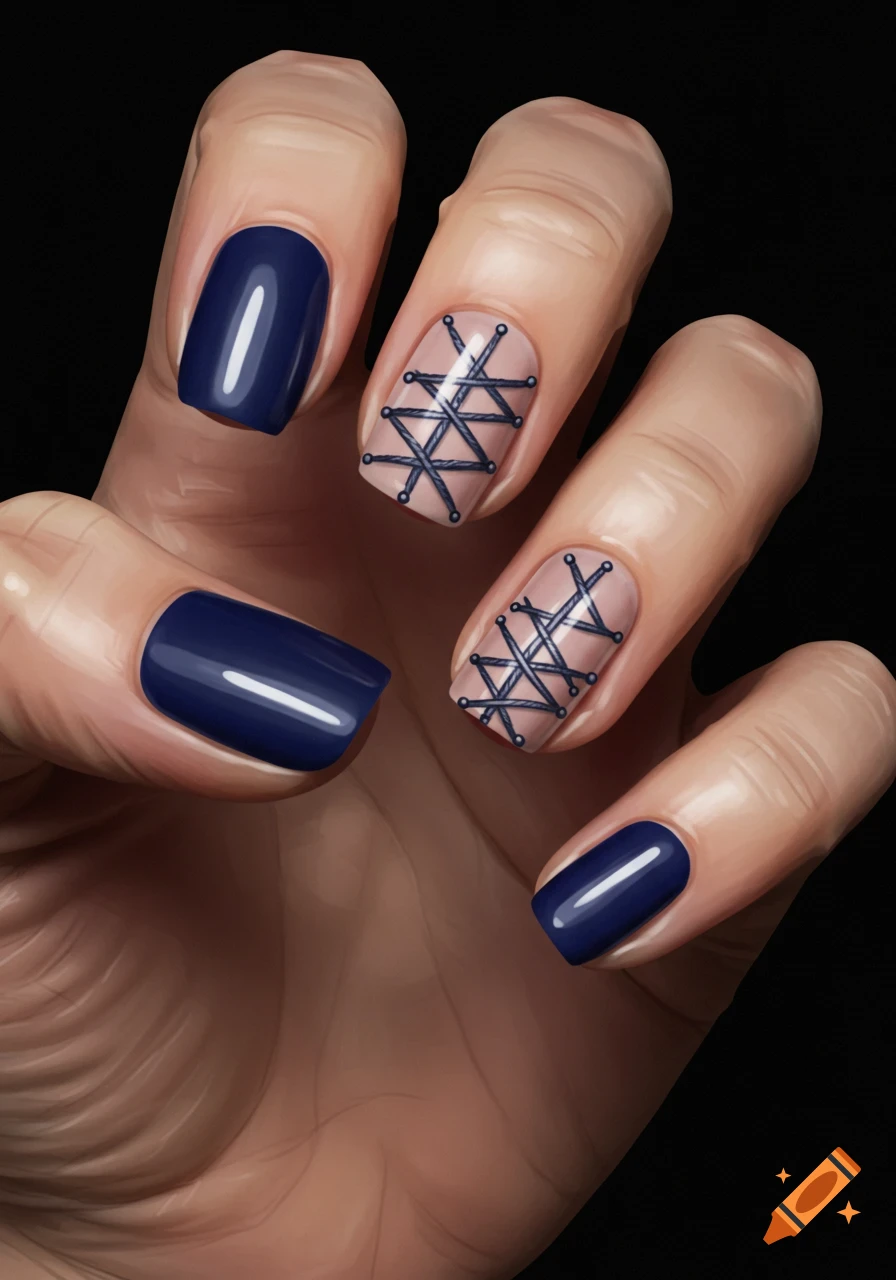 Close up of a hand with nails painted navy blue and a corset-like stitch pattern on some nails.