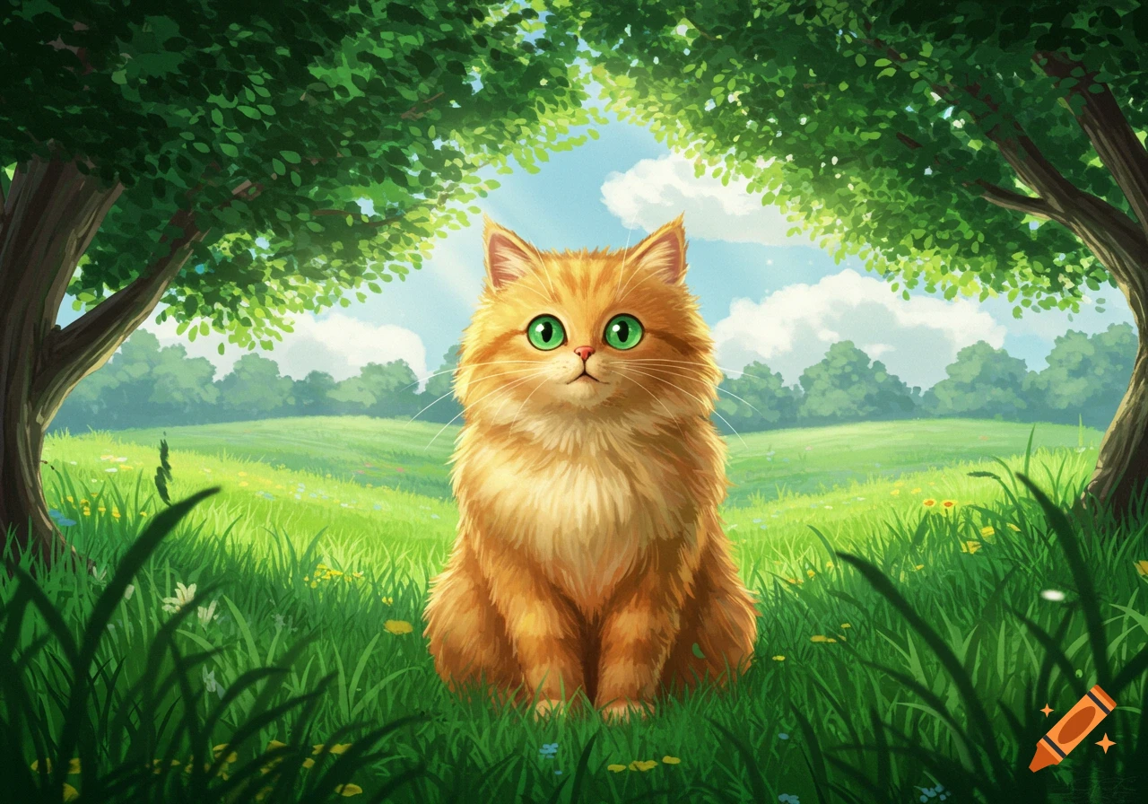 An orange fluffy cat with green eyes sits in a sunny green meadow with trees, in the style of Studio Ghibli